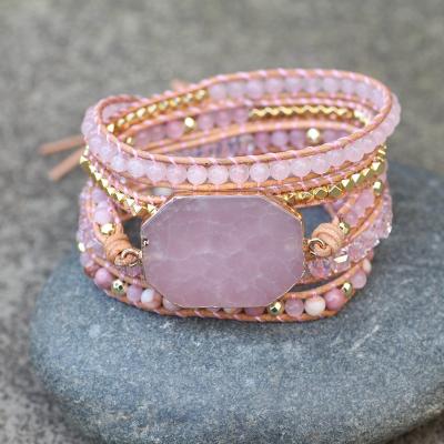 China BOHEMIA Bohemian Multilayer Gemstone Rose Crystal Natural Stone Beads 5 Strand Handmade Rose Quartz Rope Leather Wrap Bracelets for sale