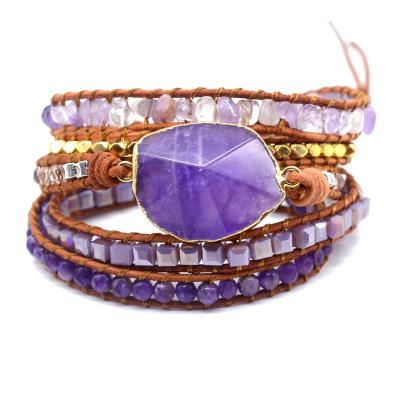 China BOHEMIA Boho Jade Crystal Druzy Amethyst Stone Bead Natural Purple Handmade Woven Leather 5 Layers Wrap Bracelet for sale