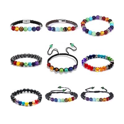 China Ethnic Adjustable Handmade Braided Rope Yoga Healing Balance Prayer Reiki Natural Stone Beads 7 Chakra Bracelet For Women Men for sale