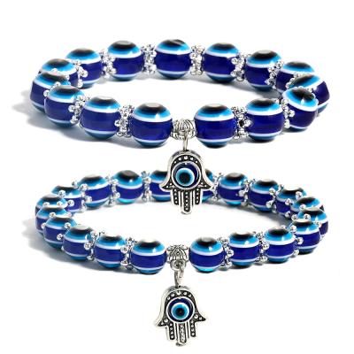 China Vintage Turkey Hamsa Elastic Hand Religious Fatima Palm Blue Eyes Acrylic 10mm Beaded Bracelet 8mm for sale