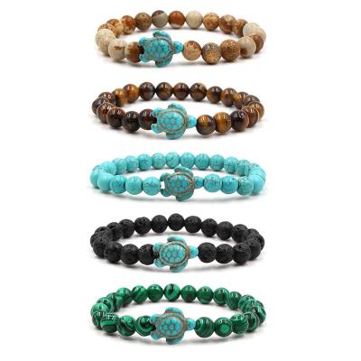 China Handmade Natural Stone Tiger Eye Onyx Stone Bracelet 8mm Turquoise Malachite Elastic Vintage Men's Round Beads Turtle Bracelet for sale