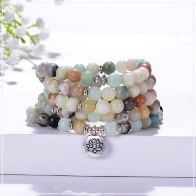 China Yoga 8mm Ethnic Handmade 108 Gemstone Lotus Frosted Amazonite Bead Lotus Mala Bracelet Pendant Necklace for sale