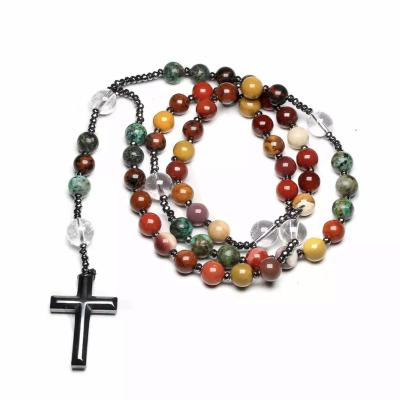 China Crystal Quartz Mookaite Beads Catholic Ethnic Hematite Cross Rosary Christ Pendant Necklace For Meditation Mala For Women Men for sale