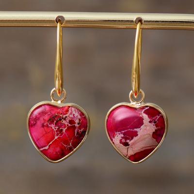 China Colorful BOHEMIA Boho Women Heart Shape Natural Stone Jaspers Dangle Drop Earrings for sale