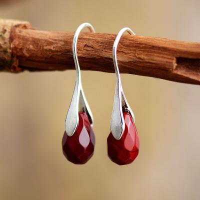 China Vintage BOHEMIA Sterling Silver Natural Red Jasper Teardrop Stone Earrings for sale