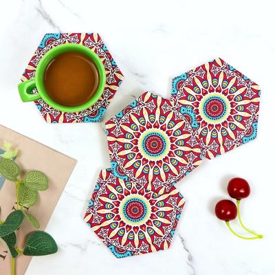 China OEM/ODM Mandala Printing Hexagon Shape Tea Kitchen Table Coffee Cup Viable Custom Mats And Place Mats Tile Ceramic Coasters Set for sale