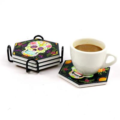 China Viable Custom Printing Ceramic Tabletop Decorative Tile Hexagon Sublimation Coaster Cup Mats Set For Tea Coffee Drinks for sale