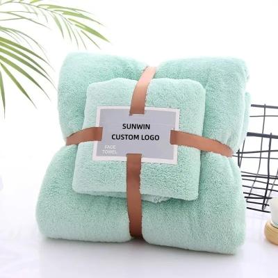 China Custom Coral Fleece Microfiber Towels Bath Hand Logo Bathroom Soft Absorbent Towel Set Multi Color Kid Safe 2 Pieces for sale