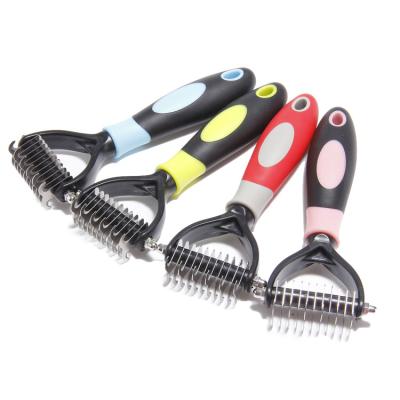 China Sustainable 2 Sided Grooming Fur Dematting Tool Pet Undercoat And Deshedding Brush for sale