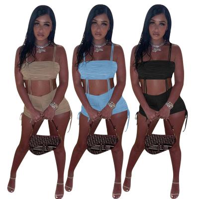 China Viable Hollow Out Drawstring Bandage Women Clothing Solid Color 2 Piece Sexy Shorts Set Women Two Piece Set for sale