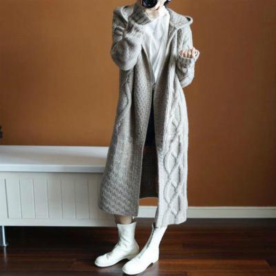 China Autumn And Winter New Wool QUICK DRY Hooded Loose Over The Knee Thick Knitted Cardigan Sweater Mid Length Coat for sale