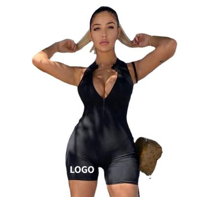 China 2021 Breathable Fashionable Zipper Front Jumpsuit Sexy Sleeveless Hollow Out Back Workout One Piece Short Overalls For Women for sale