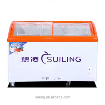 China SUILING 303Litre WD4-297H Hotel Manufacturer Supplies Convenience Store Ice Cream Display Sliding Shelf Curved Glass Freezer for sale