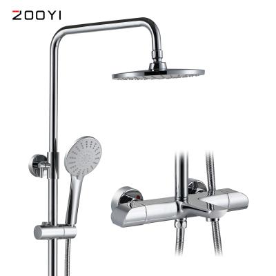 China ZOOYI Faucets Manufacturer Metered ABS Shower Head Wall Mount Three Function Thermostatic Brass Bathroom Shower Faucet Set for sale