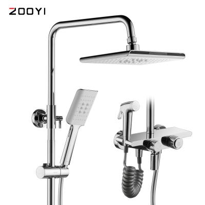 China Hot Selling Faucets ZOOYI Chrome Brass 4 Functions Metered Wall Mounted Bathroom Bath Rain Shower Set With Spray Gun for sale