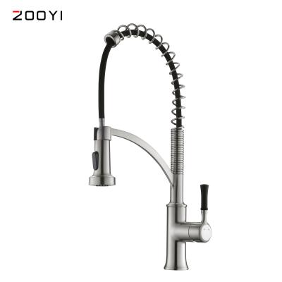 China ZOOYI 2 Way Nickel Brushed Modern Spring Wash Pull Down Kitchen Faucet With Sprayer for sale