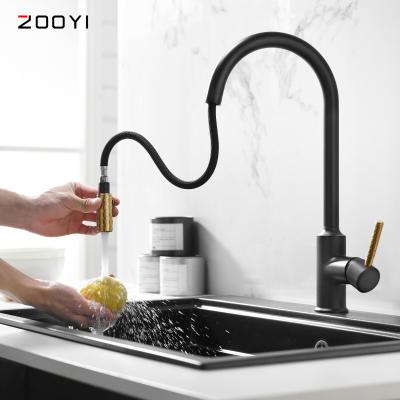 China ZOOYI China Electric Faucets Factory Modern Matte Black Brass Kitchen Faucet With Pull Out Spray Head for sale