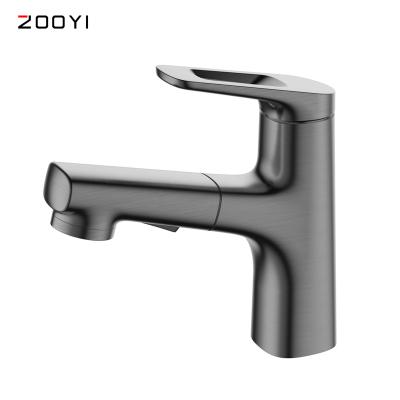 China Factory Price Metered Faucets ZOOYI Modern Deck Mounted Basin Wash Brushed Gun-Grey Pull Out Bathroom Faucet Te koop