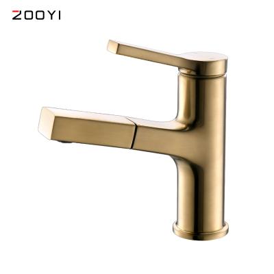 China ZOOYI Faucets Factory Supplier Gold Basin Faucet Contemporary Brushed Single Handle Bathroom Pull Out Sink Faucets for sale