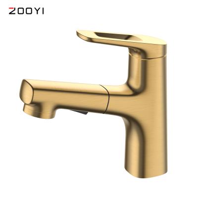 중국 Metered Faucets ZOOYI New Arrive Modern Single Handle One Hole Bathroom Sinks Wash Brushed Gold Pull Out Basin Faucet 판매용