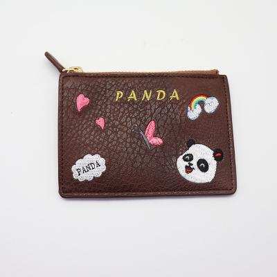 China High Quality Cartoon Printing Panda Embroidery Coin Purse Lychee Pattern Square Cute PU Hand Zipper Wallet Custom OEM for sale