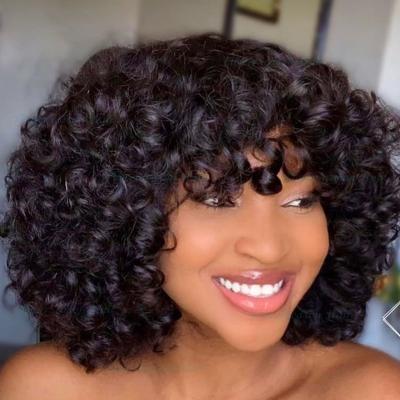 China Jerry Curl Short Curly Human Hair Wigs For Curly Wave Remy Full Wig With Bangs Black Curl Color Women Peruvian Bouncy Wigs Cosplay Wigs for sale