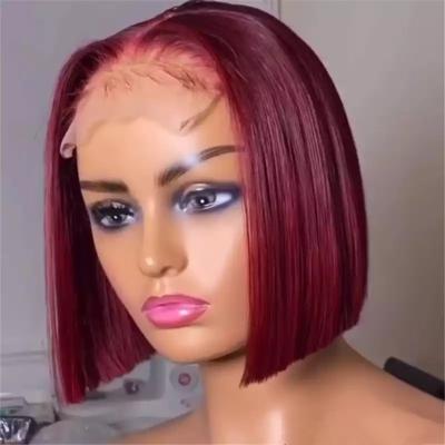 China Short Wave 99J Burgundy BoB Wig Straight Colored Human Hair Silky Straight Wigs For Women Dark Red Lace Part Wig Pre Plucked Remy Hair for sale