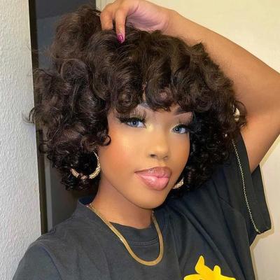 China Jerry Curl Pink Curly Human Hair Wig With Bangs Short Bob For Black Women Water Wave Short Brazilian Deep Pixie Cut Machine Made Virgin Hair for sale