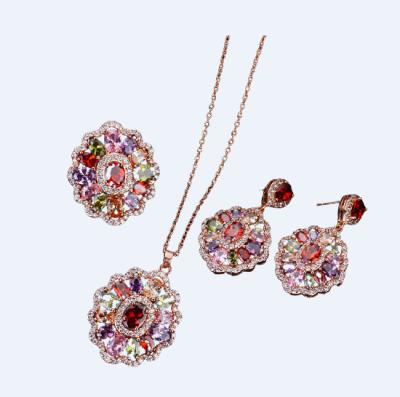 China TRENDY Copper Petals Colored Zircon Necklace Earrings Ring Set Custom Jewelry Sets For Women Necklace for sale