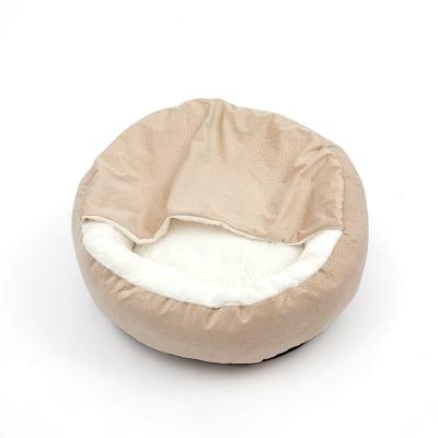 China Sustainable 2023 New Round Pet Bed With Blanket Donut Plush Fluffy Soft Warm Semi-Enclosed Cat Bed Machine Washable Pet Bed for sale