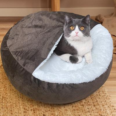 China Sustainable Hot Selling Warm Plush Pet Bed with Hooded Blanket Donut Round Calming Dog Burrow Cat Cave Non-Slip Puppy Bed for sale