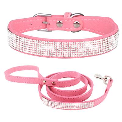 China Stocked New Design PU Pet Collar &Leashes Bling Diamond Rhinestone Luxury Leather Pet Cat Dog Collar for sale