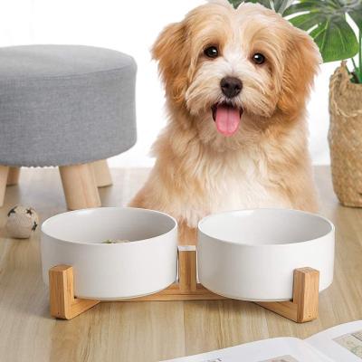 China Sustainable Pet Food Water Bowl Set for Dog and Cat Ceramic Pet Bowl Set with Wood Stand Non-Slip Pet Bowls for sale