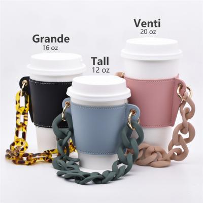 China 45 Designs Recyclable REUSABLE Leather Coffee Mug Sleeve Holder With Handle Alloy Acrylic Large Chain Strap for sale