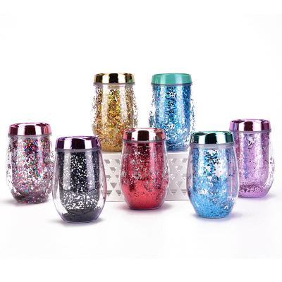 China Wholesale Sustainable 10oz Double Wall Water Cup Cup Sequin Plastic Cups Bling Tumbler Cup for sale