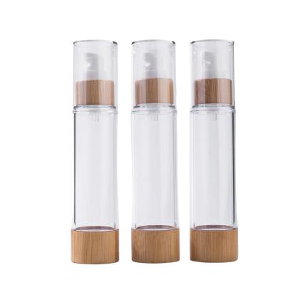 China Hot Sale 20ml 30ml 50ml 100ml 120ml Personal Care Lotion Wooden Pump Plastic Cosmetic Airless Pump Bottle Eco-friendly Bamboo Airless Bottle Plastic Airless Pump Bottle for sale