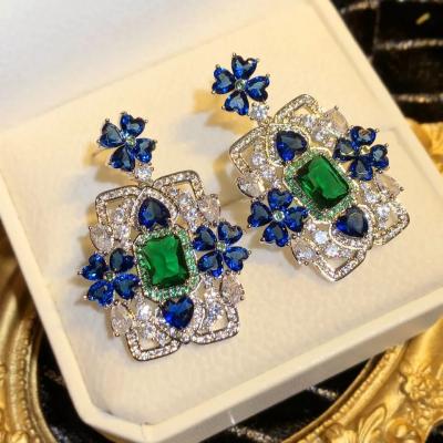 China CLASSIC Luxury Temperament Large Drop Flower Blue Stone Earrings For Women Hyperbole Crystal Fine Jewelry Vintage Jewelry for sale