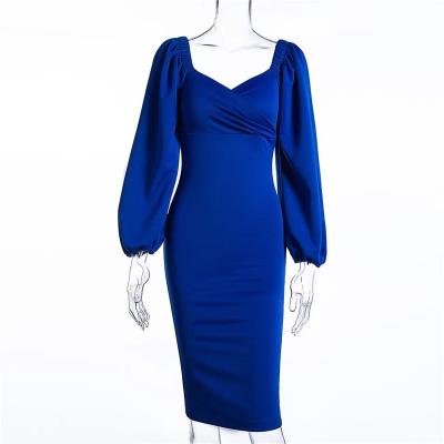 China Solid Color V-Neck Anti-Static Casual Tight Low-Sheathed Tight Long Sleeve Dress for sale