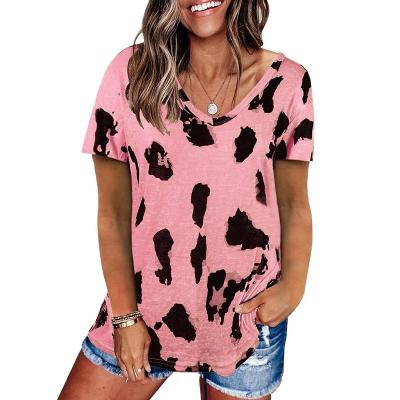 China 2022 New Summer Leopard Print Top Casual Loose V-Neck Breathable Short Sleeve T-shirt Women for sale