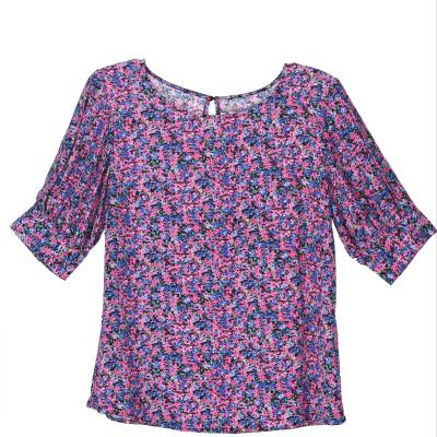 China Anti-wrinkle fashion 100% viscose o-neck with back half flower sleeve hole printed women's blouse for casual for sale