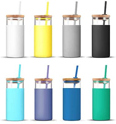 China 480ml/20oz Sustainable Glass Tumbler With Bamboo Lid And Straw And Silicone Protective Sleeve, BPA Free Glass Water Bottle for sale