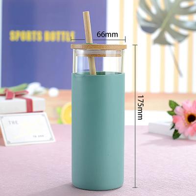 China PORTABLE BPA Free Wide Mouth Glass Mug with Lid and Bamboo Silicone Straw and Protective Sleeve for sale