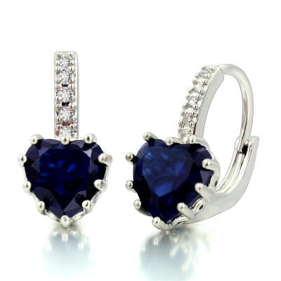 China Party Birthstone Jewelry LUXURY Cobalt Blue Silver Plated Crystal Cubic Zircon Gemstone Lever Back Heart Shape Earring For Mom Lover for sale