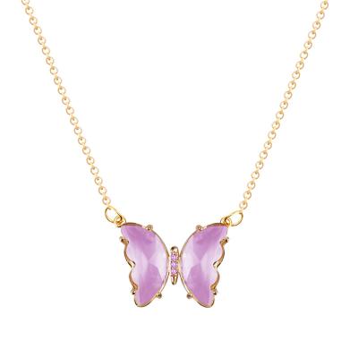 China Fashion Handmade Wholesale Gold Plated Charm Tasty Chain Butterfly Rhinestone Birthstone Pendant Necklace For Women Girls for sale