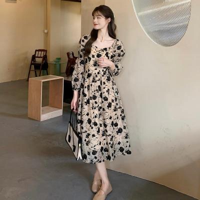 China Washable 2022 New Accept Waist French Retro Floral Dress Maxi Lady Dresses Casual Custom Dresses for sale