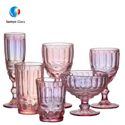 China Handmade Wholesale Cheap Pattern Single Head Pressed Wine Glass Etched Colored Wine Glass Set for sale