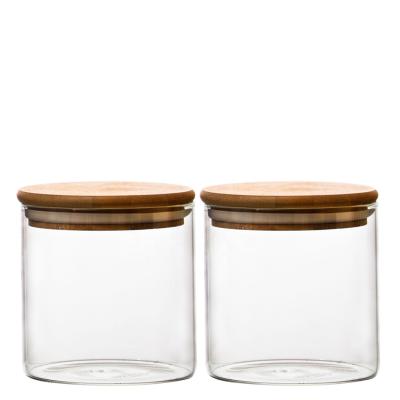 China Eco-friendly Healthy High Borosilicate Material Small Size Kitchen Used Glass Food Storage Jar Bottles With Wooden Lid for sale