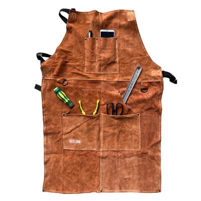 China Wholesale Welder Leather Apron Heavy Duty Flame Proof BBQ Welding Apron GRILL Heat Resistant Pockets for sale