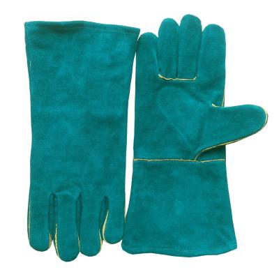 China Dark Green 14 Inch Welding Cow Split Leather Welding Gloves Anti-Slip Welding Gloves Short Slap Kevlar Heat Resistant Wire for sale