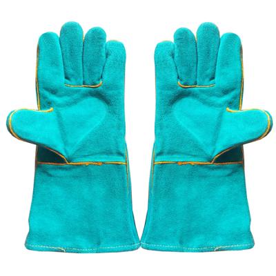 China 14 Inch Light Green Welding Cow Split Leather Welding Gloves Anti-Slip Welding Gloves Short Slap Kevlar Heat Resistant Wire for sale